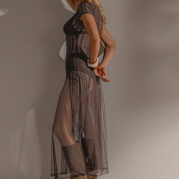 Coffee Brown Casual Women's Sexy Sheer Lace Maxi Dress - Picture 4 of 7
